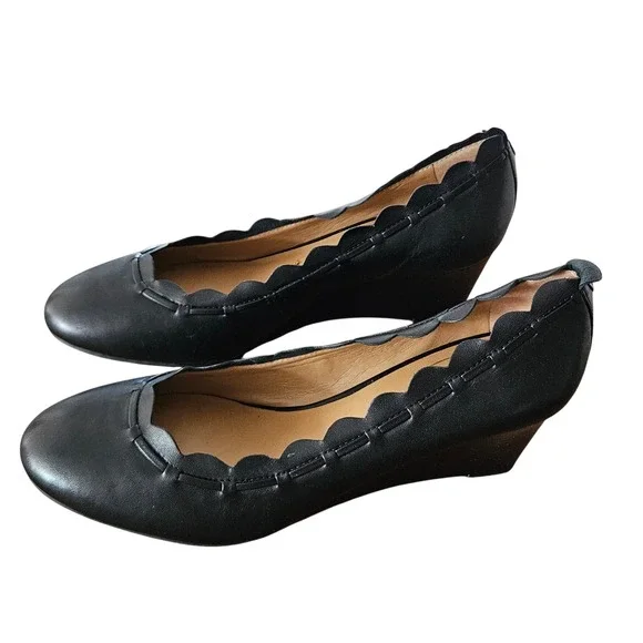 Jack Rogers Women's Black Leather Scalloped Whipstitch Wedge Pumps Shoes 7.5 - Picture 1 of 7